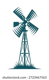 Classic windmill silhouette, rotating blades, metal tower structure, grassy ground, agriculture icon, vector
