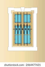 classic window on exterior façade with architectural decorative elements and ornaments, stained glass and bars