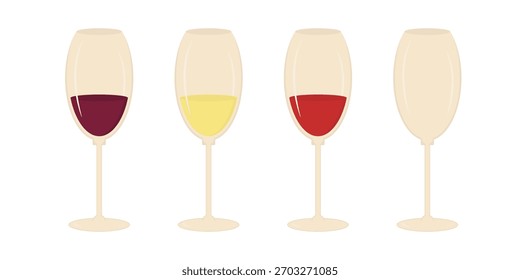 Clássico Wineglasses com vários tipos de vinho Borgonha Rosa branca e Vazio Cálice Design Plano Mínimo