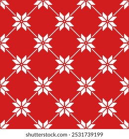 Patrón clásico de Vector rojo pixelado de la estrella nórdica del invierno. Patrón sin costuras de mosaico de copo de nieve de punto retro.