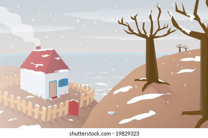 A classic winter scene with a house and trees on a hill. It is snowing. Vector illustration.