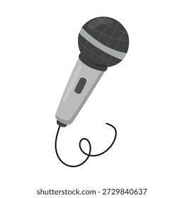 Un micrófono de mano con cable clásico colocado en ángulo sobre un fondo limpio, que transmite temas de música, rendimiento, comunicación, entretenimiento y eventos en vivo en un estilo mínimo simple