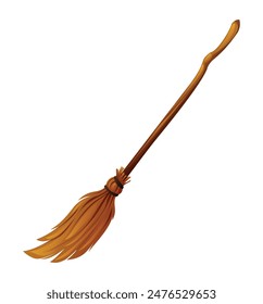 Classic witch broom with long wooden handle and brown bristles. Vector cartoon illustration isolated on white background.