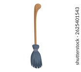 Classic witch broom standing up, with wooden handle and blue bristles, perfect for halloween celebration