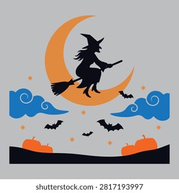 Classic Witch Flying Across Crescent Moon Halloween Flat Vector Illustration