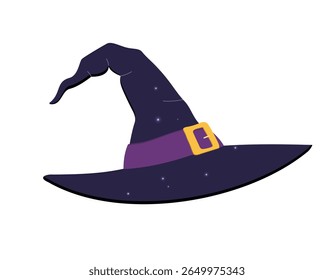 Classic witch hat with magical details. Fantasy vector illustration in violet tones. Perfect for halloween designs.