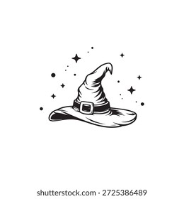 Classic witch hat surrounded by sparkles. Black and white line illustration with magical Halloween vibe.
