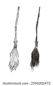 Classic witch's broom with a twisted wooden handle and straw bristles