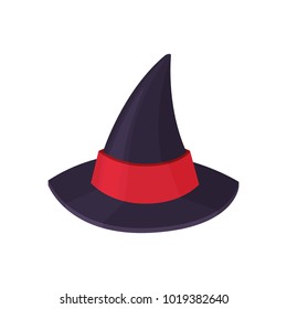 A classic witch's hat. A pointed purple hat with a red ribbon. Icon, symbol, accessory for Halloween, children's festival, carnival, festival, theater. vector illustration on white background.