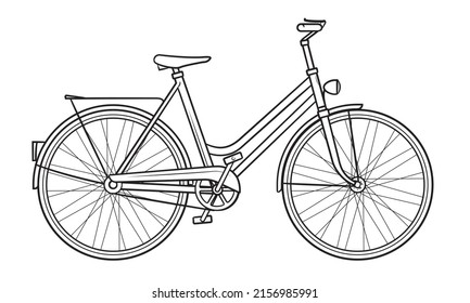 Classic woman's bicycle outline drawing - stock illustration.