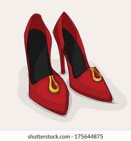 Classic woman's leather red shoes on high heel isolated vector illustration