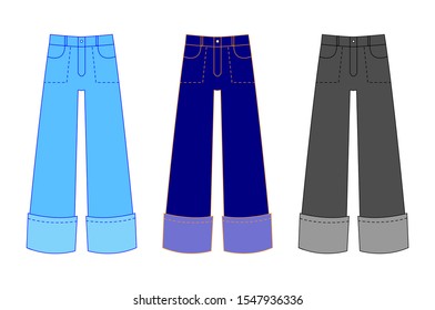 Classic women jeans different color. Different types of women blue jeans pants, skinny, boot cut, flare, boyfriend, straight and wide leg, isolated on white background. Vector illustration.