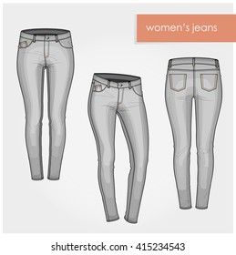 Classic Women Jeans Light Gray Vector No Texture Back Front