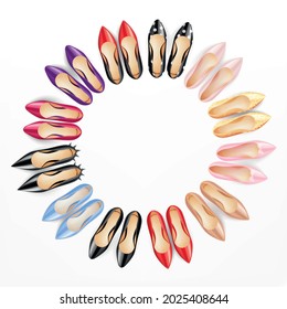 Classic women shoes high heels pumps formal casual top view realistic colorful circular composition white background vector illustration
