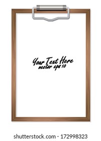 Classic wood brown clipboard with blank white paper on isolated background. vector