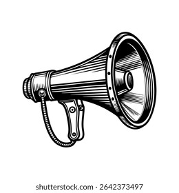 Classic woodcut or linocut-inspired artwork of a communication loudspeaker.