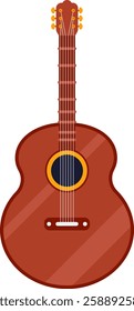 Classic wooden acoustic guitar featuring a prominent sound hole and tuning pegs, isolated against a clean white background, ideal for various music related projects and artistic endeavors