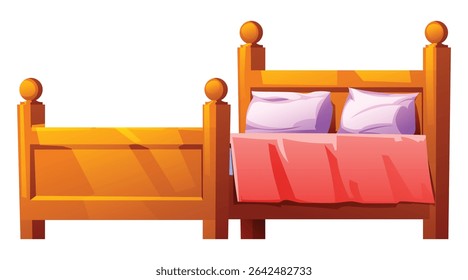 Classic wooden bed with pink blanket and purple pillows, ready for a cozy sleep. Vector cartoon illustration
