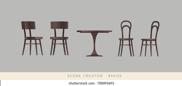 Classic wooden chairs and table. Isolated objects. Interior scene creator set.