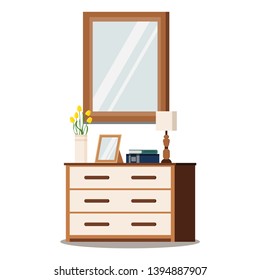 Classic wooden chest of drawers with mirror, lamp, vase with tulips, photo frame, books. Flat cartoon style vector illustration. Furniture design elements bedroom or living room interior background.