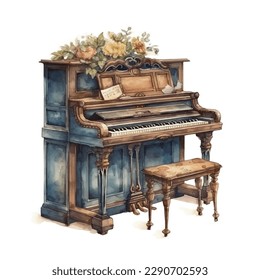 Classic wooden church piano with flowers in watercolor