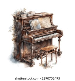 Classic wooden church piano in watercolor