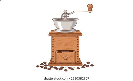 Classic wooden coffee bean grinder with a metal bowl and a hand crank positioned among scattered roasted coffee beans.