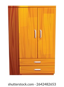 Armário de madeira clássico com duas portas e gavetas de fundo, ideal para qualquer quarto rústico ou tradicional. Ilustração de desenho animado vetorial