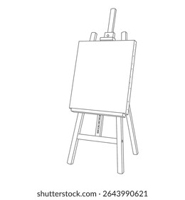 A classic wooden easel supporting a blank canvas frame. The sketch features detailed lines highlighting the easel's structure and canvas, set against a plain background. 