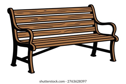 Classic wooden park bench vector illustration with brown wooden planks and black metal frame, comfortable outdoor seating.