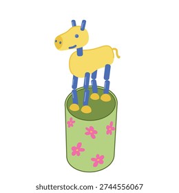 Classic wooden push puppet giraffe toy on a green floral base