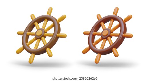 Casco clásico de un barco redondo de madera. Dispositivo para controlar el curso del buque. Rueda pirata. Símbolo de la dirección. Conjunto de ilustraciones vectoriales aisladas. Diseño de temática oceánica