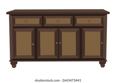 Lateral de madeira clássico com três gavetas e quatro portas de gabinete, Buffet de armazenamento tradicional para sala de jantar ou sala de estar, isolado na ilustração de fundo branco

