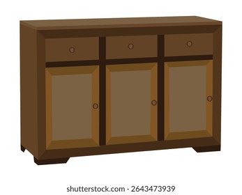 Lateral de madeira clássico com três gavetas e três portas de gabinete, Buffet de armazenamento tradicional para sala de jantar ou sala de estar, isolado na ilustração de fundo branco

