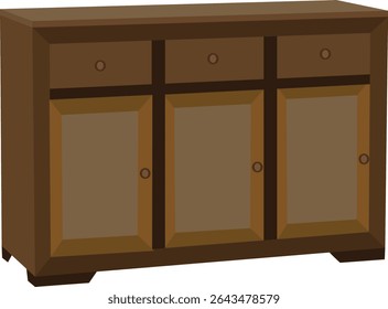 Classic Wooden Sideboard with Three Drawers and Three Cabinet Doors, Traditional Storage Buffet for Dining Room or Living Room, Isolated on White Background Illustration