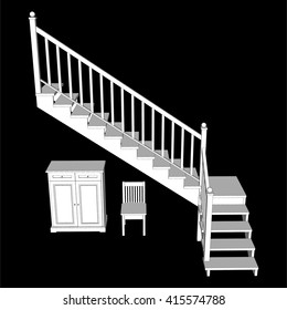 Classic wooden staircase. Classic furniture. Vector illustration 3d.