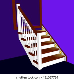 Classic wooden stairs 3d   Furniture for Interior  Ladder side view  Flat style  Vector illustration purple background