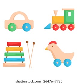 Classic Wooden Toy Vehicles and Instruments Illustration Set