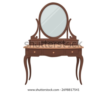 Classic wooden vanity table with an oval mirror and drawer space.