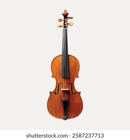 A classic wooden violin with a rich brown finish. The violin features a sleek body and elegant strings. Perfect for violin enthusiasts and music lovers. Vintage art illustration, vector.