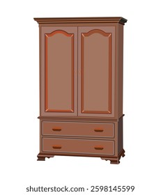 Classic wooden wardrobe with two doors and two drawers in brown color on white background