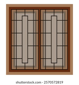 Classic wooden window design with symmetrical geometric patterns and elegant detailing