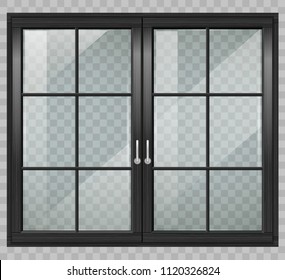 Classic wooden window or double doors to the terrace. Transparency. Vector graphics