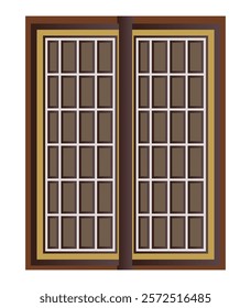 Classic wooden window with grid design, brown and gold frame, elegant traditional style
