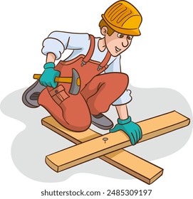 Classic Worker or Carpenter Vector. Civil Engineering Construction Worker. Isolated on White Cartoon Character Illustration