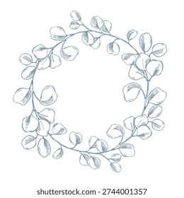 A classic wreath of delicate eucalyptus branches. A hand-drawn ink graphic line art illustration. A round frame and minimalist text template in pastel tones for wedding and event decor and design.