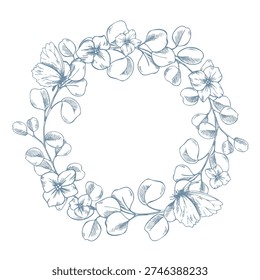 A classic wreath of eucalyptus branches with flowers and butterflies. Hand-drawn ink line art graphic illustration. A round frame with text template for spring holiday and wedding decor and design.