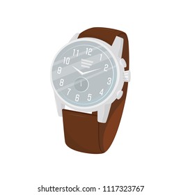 Classic wrist watch with brown leather strap, gray metal dial and stopwatch. Stylish male accessory. Flat vector for advertising flyer or poster