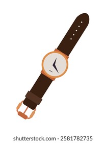 Classic wristwatch with brown leather strap isolated vector illustration