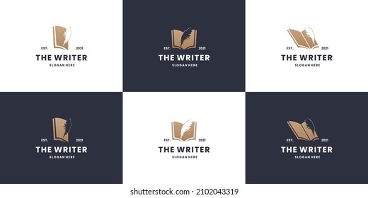 classic the writer logo collection. feather and book combine